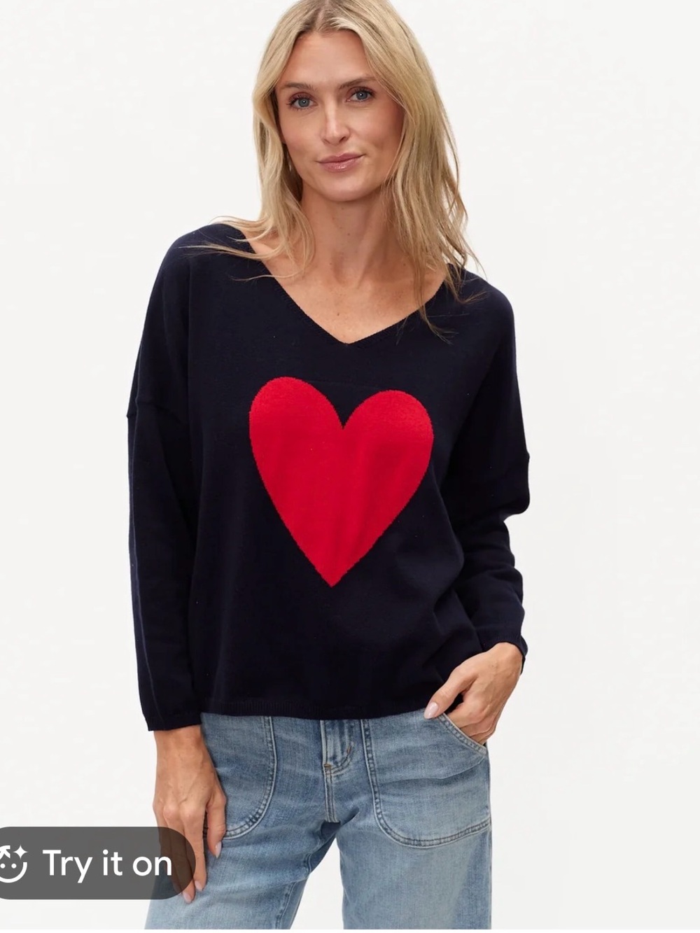 Black V-Neck Sweater with Red Heart Graphic - Sweet Love